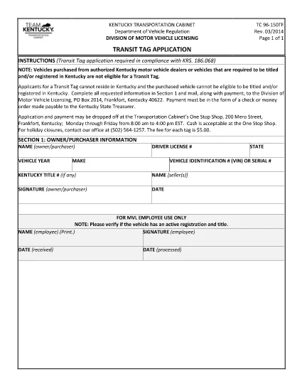 Form TC 96-150TF Kentucky