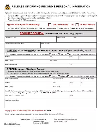 Driving Record Request Form| Wyoming