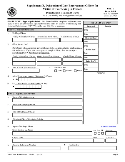 Form I-914, Supplement B, Declaration of Law Enforcement Officer for Victim of Trafficking in Persons