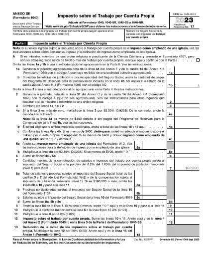 Formularz 1040 Schedule SE (wersja hiszpańska)