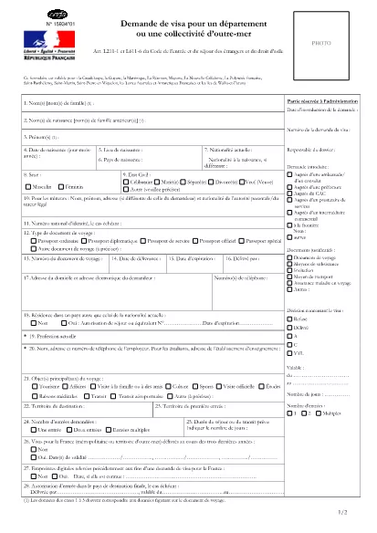 Prantsusmaa ülemeremaade viisa taotlusvorm (prantsuse)
