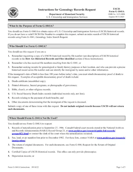 Instructions pour le formulaire G-1041A, Demande de documents généalogiques