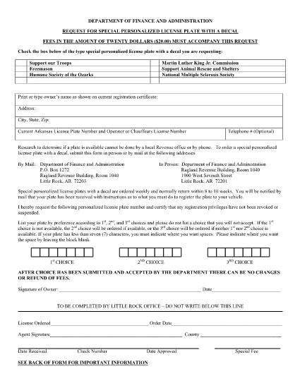 Personlig specialplatta med Decal Request Form i Arkansas