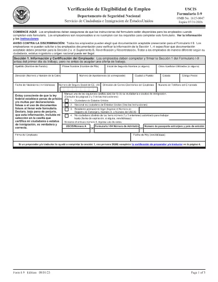 I-9, Vérification de l'admissibilité à l'emploi (version espagnole)