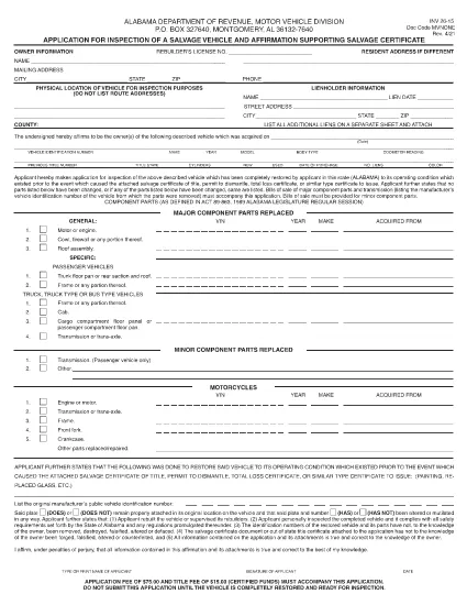 Form INV 26-15 Alabama