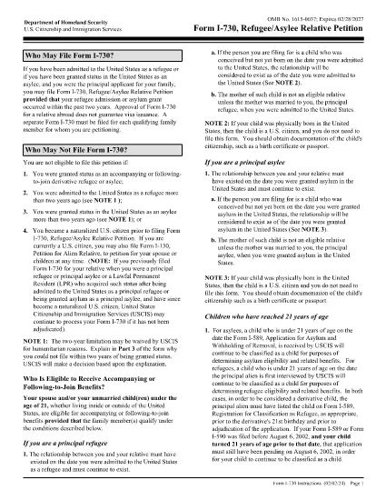 Instructions pour le formulaire I-730, Demande relative au réfugié / Asylee