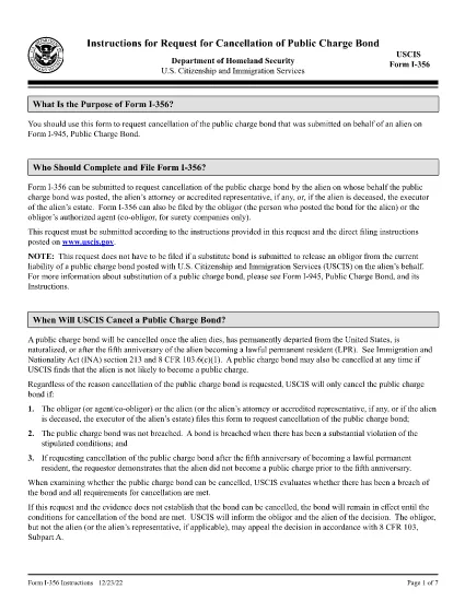 Instruktioner för Form I-356, Begäran om avbokning av Public Charge Bond