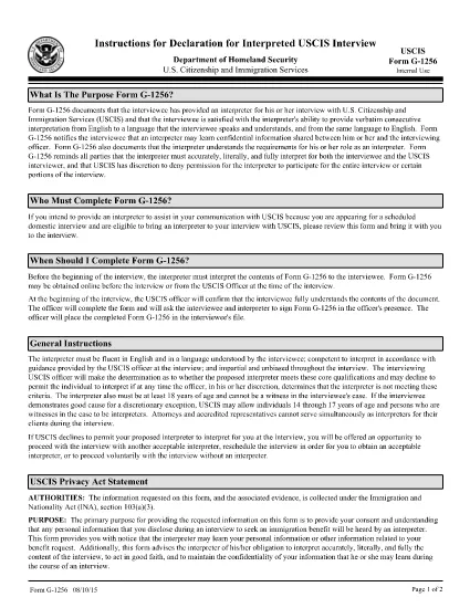 Instruções para o formulário G-1256, Declaração para entrevista USCIS Interpretado