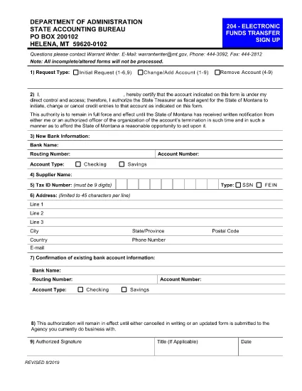 Montana Electronic Funds Transfer (EFT) Sign-up Form