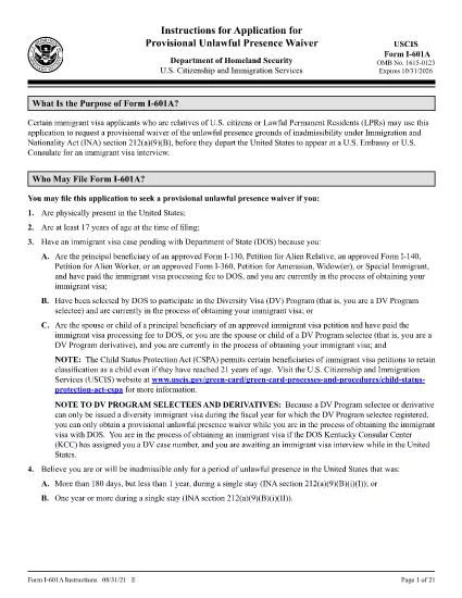 Instructions for Form I-601A, Application for Provisional Unlawful Presence Waiver