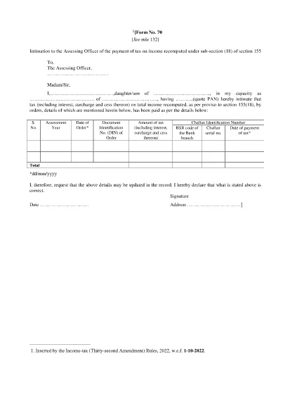 Formulário de ITD 70 Índia