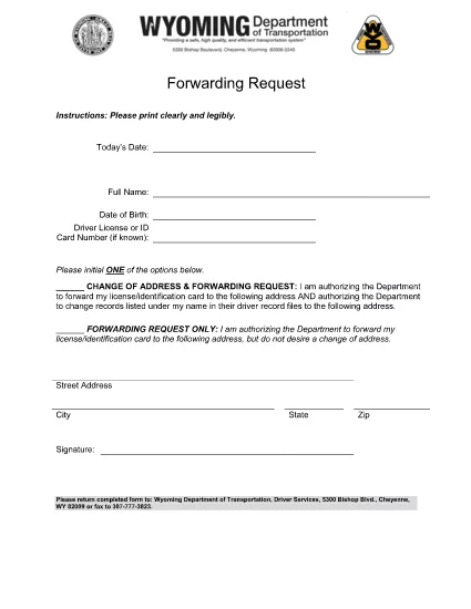 Forwarding Request Forming Wyoming