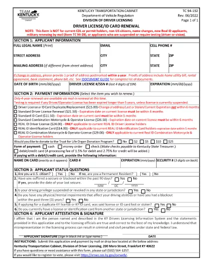 Form TC 94-192 Kentucky