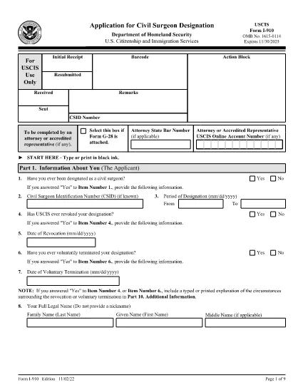Formulário I-910, Aplicação para Designação Civil do Cirurgião