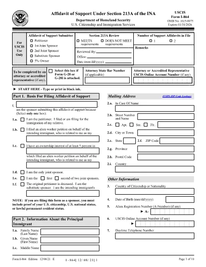 Form I-864, Affidavit of Support Under Section 213A of the INA