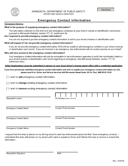 Driver's License Emergency Contact Form i Minnesota