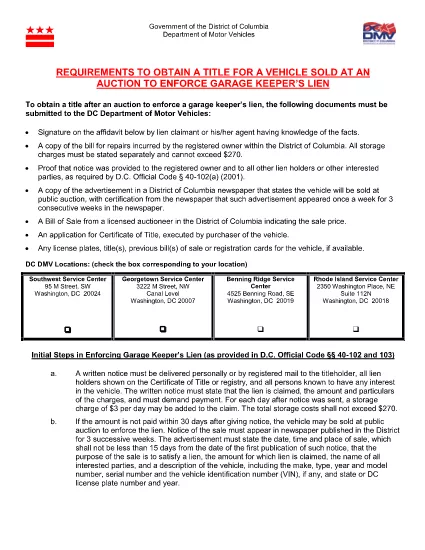District of Columbia Изисквания за получаване на дял за превозни средства Продаден на търг за сила Garage Keeper's Lien