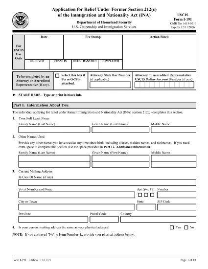 Form I-191, Application for Relief Under Former Section 212(c) of the Immigration and Nationality Act (INA)