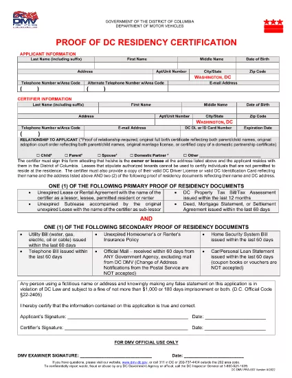 DC DMV Bevis for Residency Form (Engelsk)