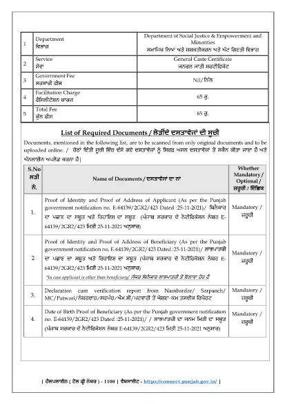 Punjab Department of Social Justice, Empowerment and Minorities - General Castle Certificate Application