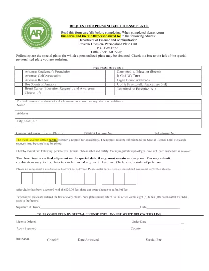 Begäran om Special Personalized Golf Association License Plate i Arkansas