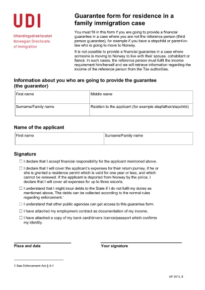 Norway Family Imigration Guarantee Form