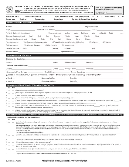 Form DL-14BS Texas (İspanyol)