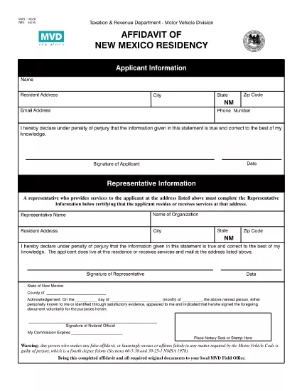 Form MVD10020 Új Mexikó
