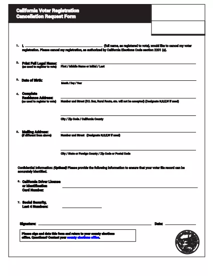 Formulário de solicitação de cancelamento de registro de votos da Califórnia