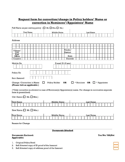 Indian Department of Posts - Request Form for Correction/Change in Policy Holder's Name or Correction in Nominees / Vastaajien nimi