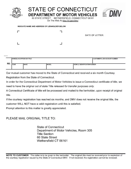 Connecticut Courtesy register title request form