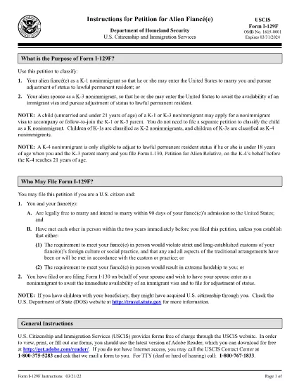 Instruktioner Form I-129F, Petition for Alien Fiancé