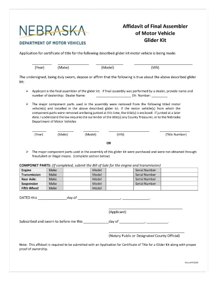 Nebraska Affidavit från Final Assembler of Motor Vehicle Glider Kit