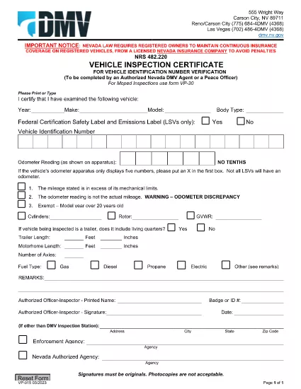 Form VP 015 Nevada