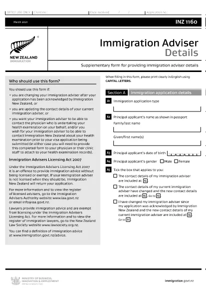 Form INZ1160 Yeni Zelanda