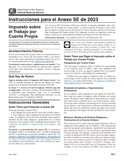 Instruktioner för Form 1040 Schema SE (spansk version)