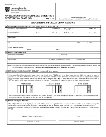 Form MV-904SR Pennsylvania
