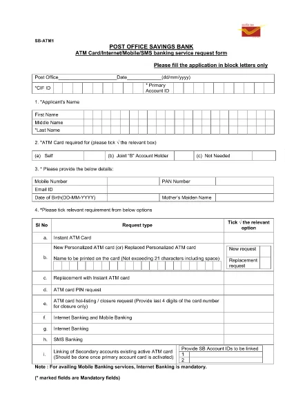 Indyjski Departament Poczt - ATM Banking Request Form