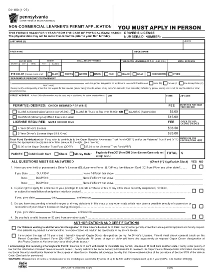Form DL-180 Pennsylvania