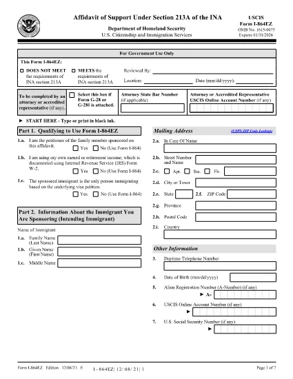 Form I-864EZ, Affidavit of Support Under Section 213A of the INA