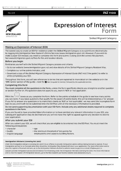 Form INZ1100 Selandia Baru