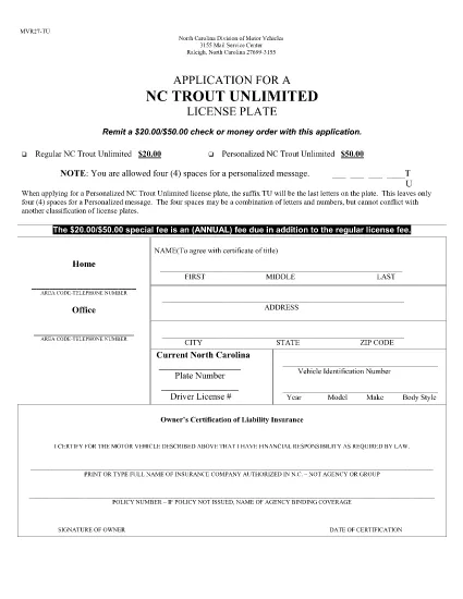Form MVR-27TU North Carolina