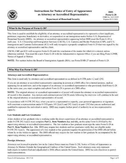 Instrucciones para el formulario G-28, Aviso de entrada de comparecencia como abogado o representante acreditado