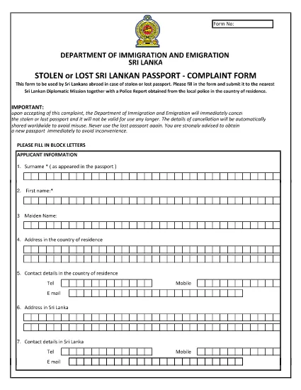 STOLEN or LOST SRI LANKAN PASSPORT - COMPLAINT FORM