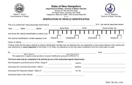 Formulier TDMV 19A New Hampshire