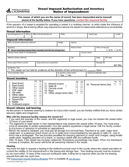 Vessel Impound Authorization and Inventory Notice of Impoundment | Washington
