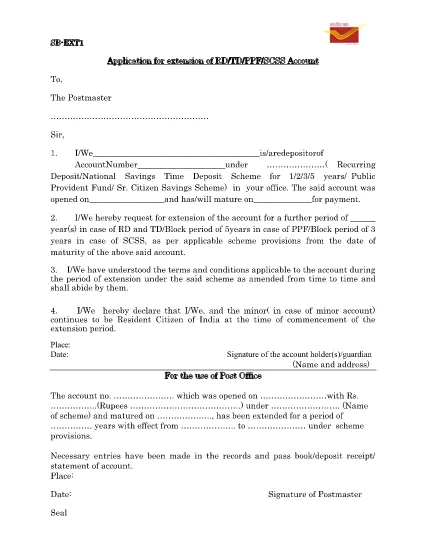 Indian Department of Posts - Application Form For extension of RD/TD/PPF/SCSS Account