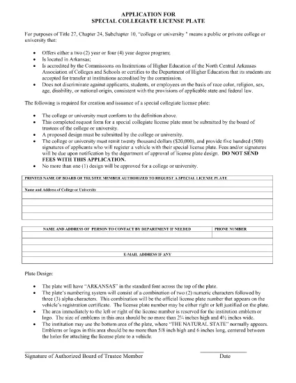 Arkansase spetsiaalse kollegiaalse litsentsiplaadi väljatöötamise taotlus