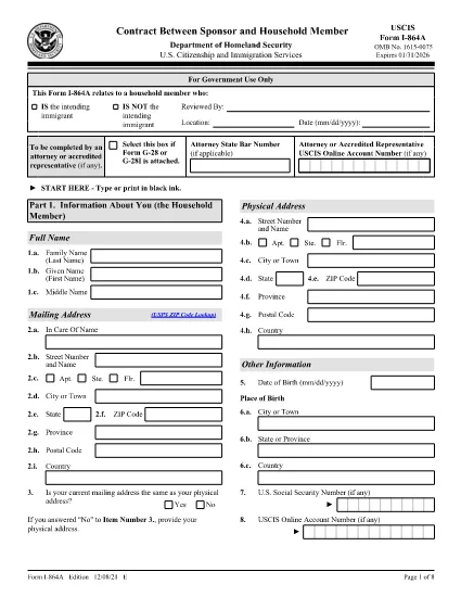 Form I-864A, Contract Between Sponsor and Household Member