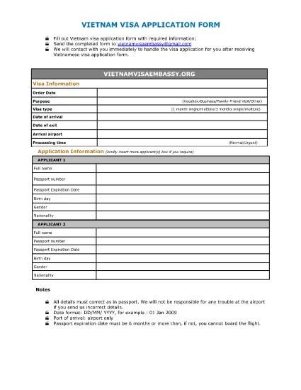 Formulário de solicitação de visto do Vietnã